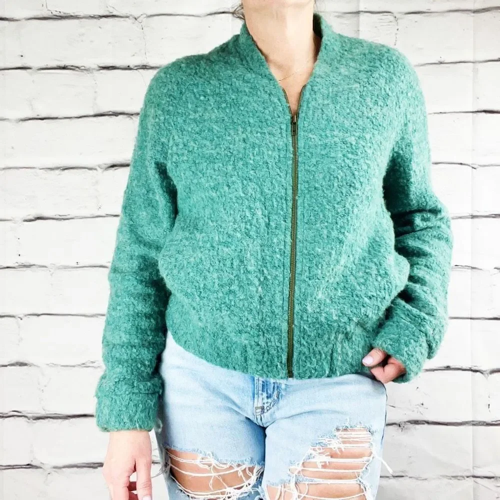 ASOS Green Wool-Blend Textured Zip Bomber Cardigan Jacket – Size 8 - Picture 2 of 10